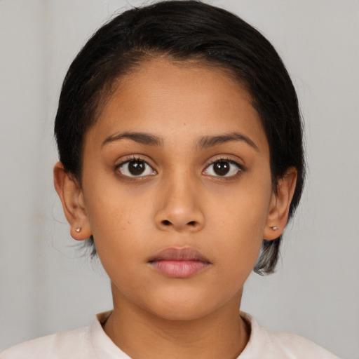 Neutral latino young-adult female with medium  brown hair and brown eyes