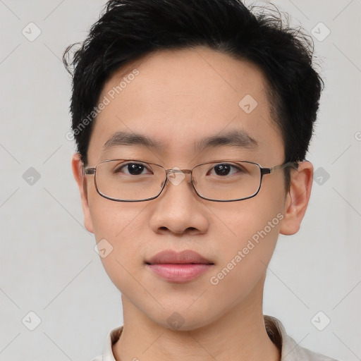 Neutral asian young-adult male with short  brown hair and brown eyes