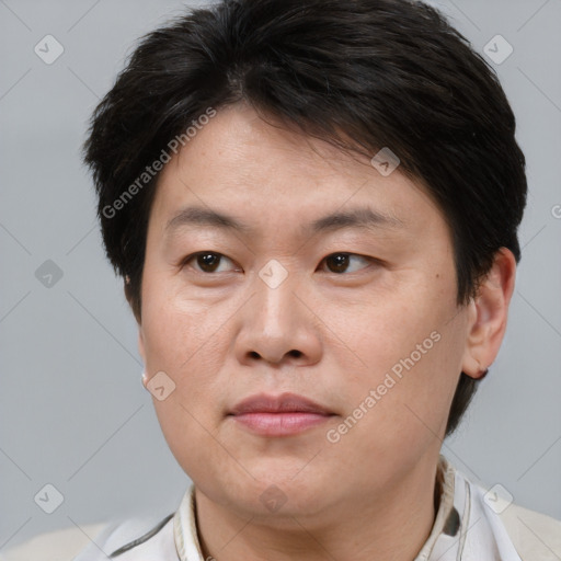 Neutral white adult female with short  brown hair and brown eyes