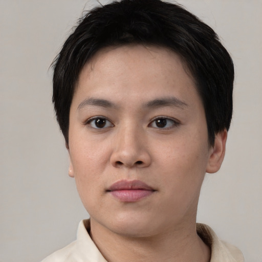 Neutral white young-adult female with short  black hair and brown eyes