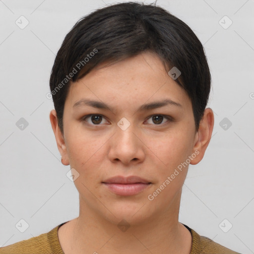 Neutral white young-adult female with short  brown hair and brown eyes