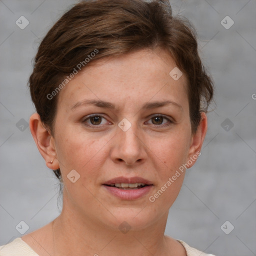 Joyful white young-adult female with short  brown hair and grey eyes