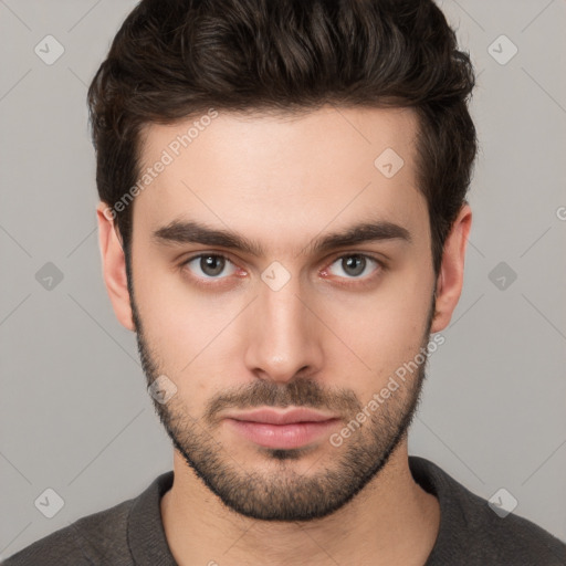 Neutral white young-adult male with short  brown hair and brown eyes