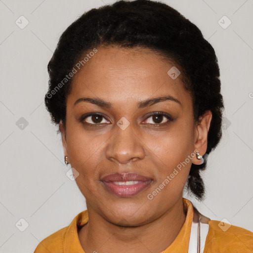 Joyful latino young-adult female with short  black hair and brown eyes