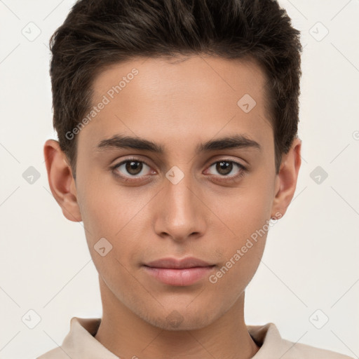 Neutral white young-adult male with short  brown hair and brown eyes