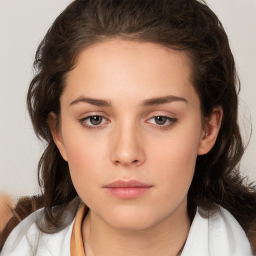 Neutral white young-adult female with medium  brown hair and brown eyes