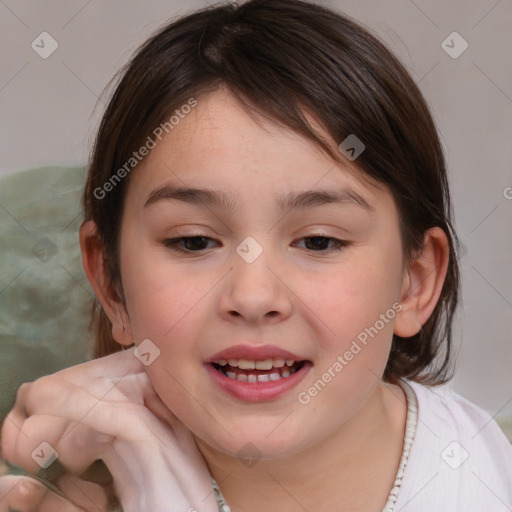 Joyful white child female with medium  brown hair and brown eyes