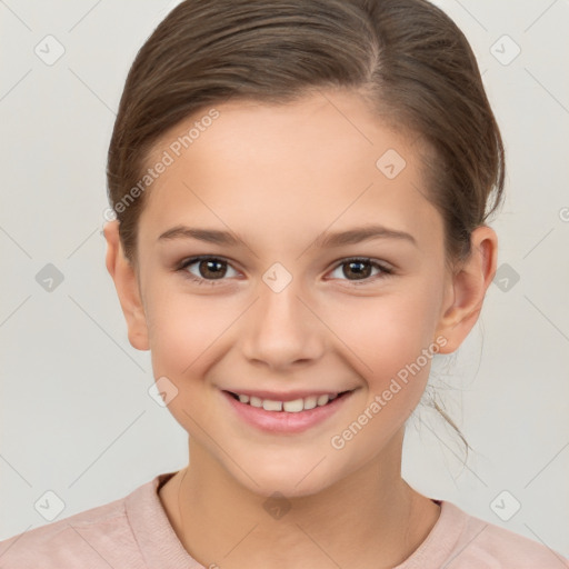 Joyful white child female with short  brown hair and brown eyes