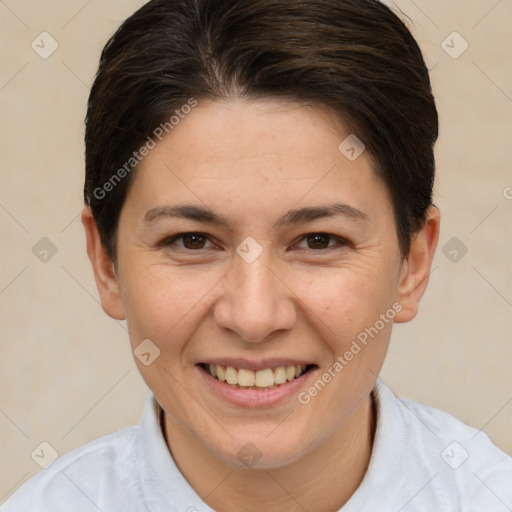 Joyful white young-adult female with short  brown hair and brown eyes