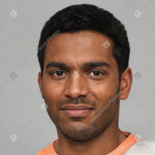 Neutral black young-adult male with short  black hair and brown eyes