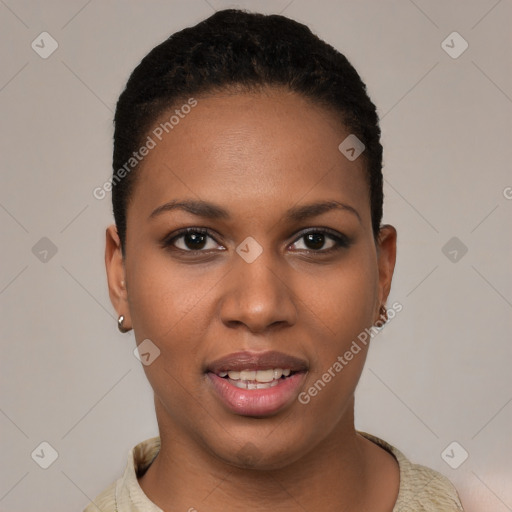 Joyful black young-adult female with short  black hair and brown eyes