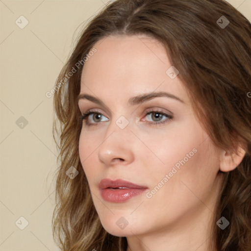 Neutral white young-adult female with medium  brown hair and brown eyes