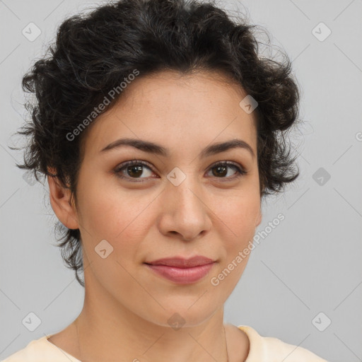 Joyful latino young-adult female with short  brown hair and brown eyes