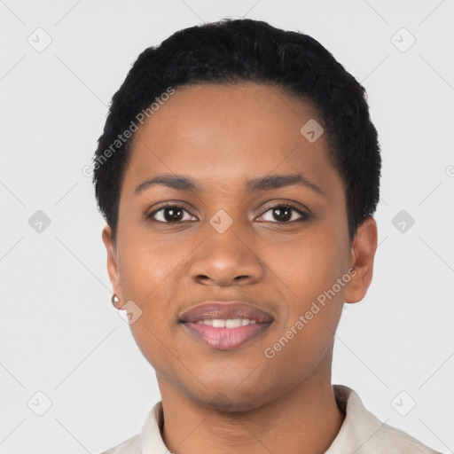 Joyful black young-adult female with short  black hair and brown eyes