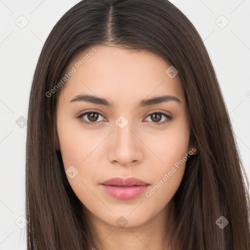 Neutral white young-adult female with long  brown hair and brown eyes