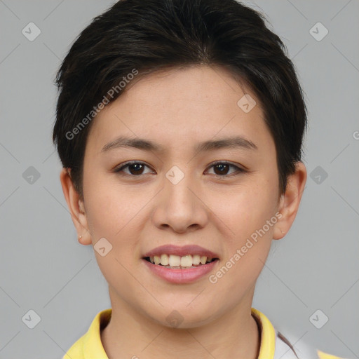 Joyful asian young-adult female with short  brown hair and brown eyes