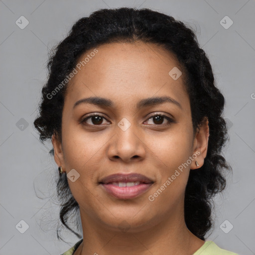 Joyful latino young-adult female with medium  black hair and brown eyes