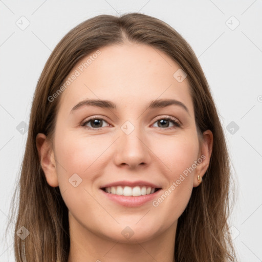 Joyful white young-adult female with long  brown hair and grey eyes