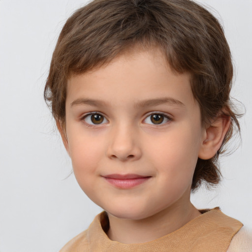 Joyful white child female with medium  brown hair and brown eyes