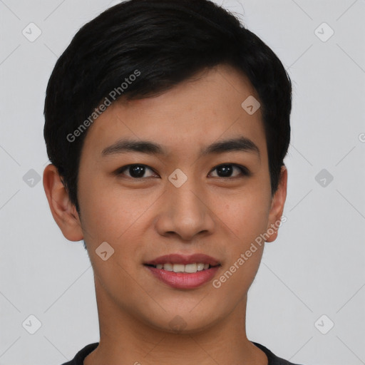 Joyful asian young-adult male with short  black hair and brown eyes