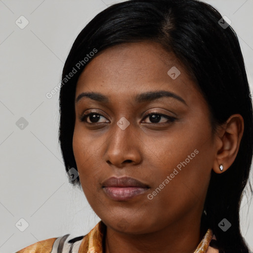 Neutral black young-adult female with medium  black hair and brown eyes