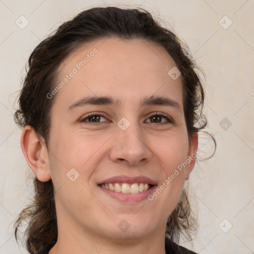 Joyful white young-adult female with medium  brown hair and brown eyes