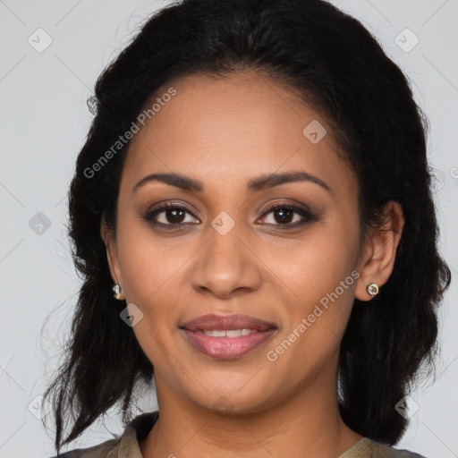 Joyful latino young-adult female with long  brown hair and brown eyes