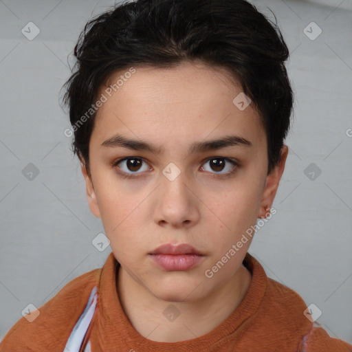 Neutral white young-adult female with short  brown hair and brown eyes