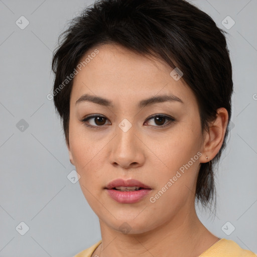 Neutral asian young-adult female with medium  brown hair and brown eyes