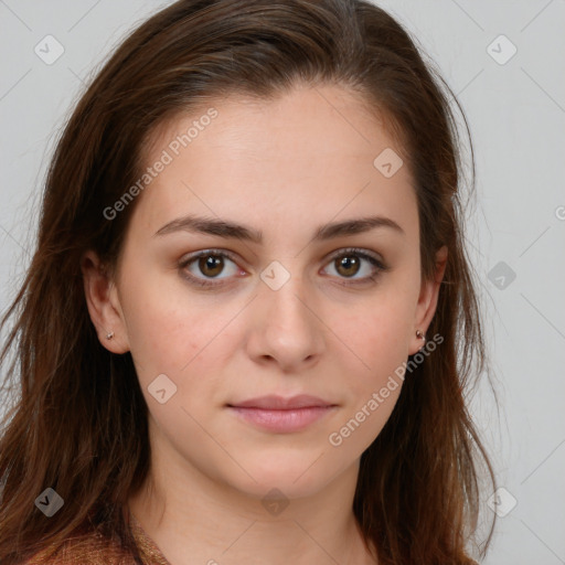 Neutral white young-adult female with long  brown hair and brown eyes