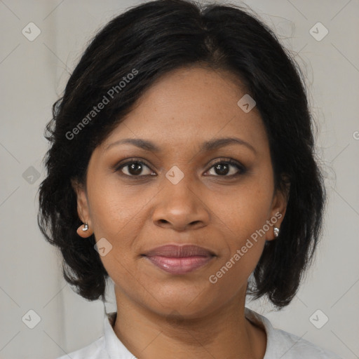 Joyful black young-adult female with medium  brown hair and brown eyes