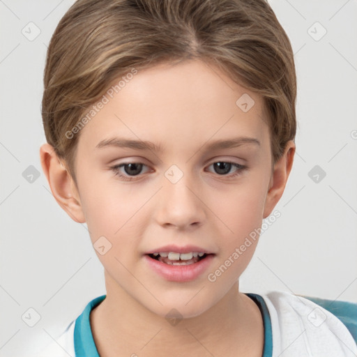 Joyful white child female with short  brown hair and brown eyes