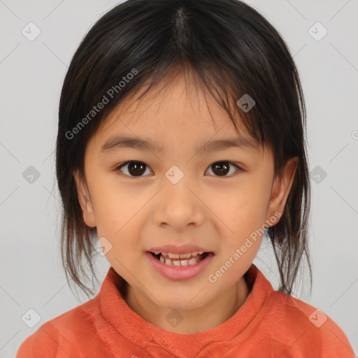 Joyful white child female with medium  brown hair and brown eyes