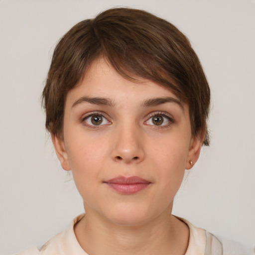 Neutral white young-adult female with medium  brown hair and brown eyes