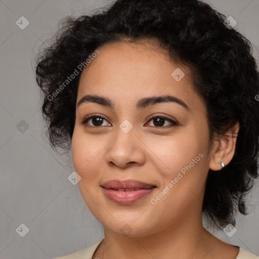 Joyful latino young-adult female with medium  black hair and brown eyes