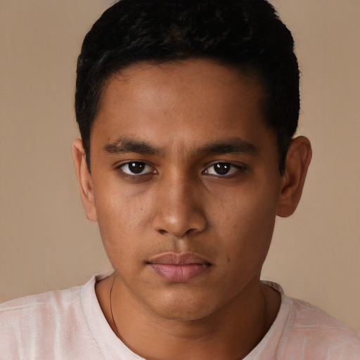 Neutral white young-adult male with short  black hair and brown eyes