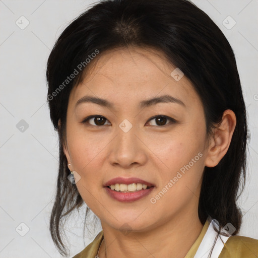 Joyful white young-adult female with medium  brown hair and brown eyes