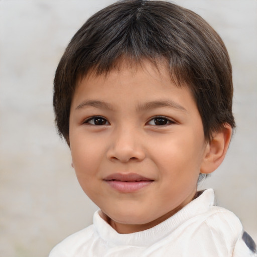 Joyful white child female with short  brown hair and brown eyes