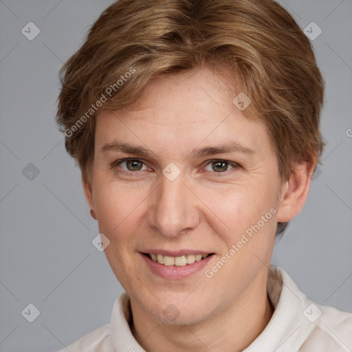 Joyful white adult male with short  brown hair and grey eyes