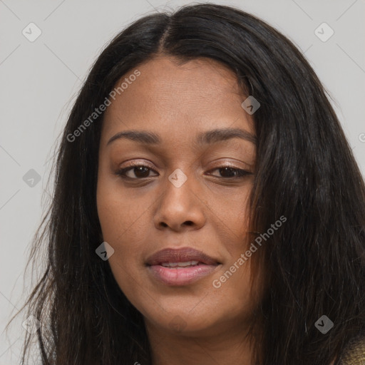 Joyful asian young-adult female with long  brown hair and brown eyes