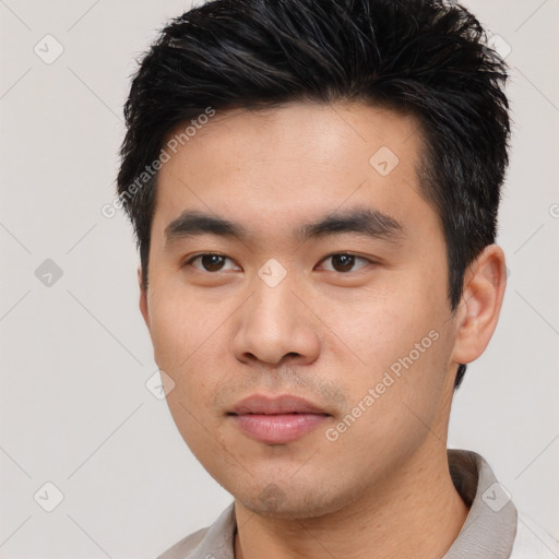 Neutral asian young-adult male with short  black hair and brown eyes