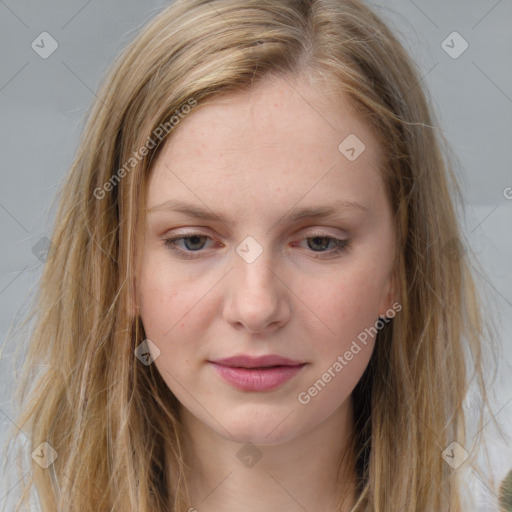 Neutral white young-adult female with long  brown hair and brown eyes