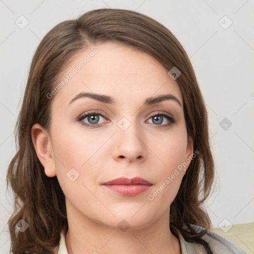 Neutral white young-adult female with medium  brown hair and grey eyes