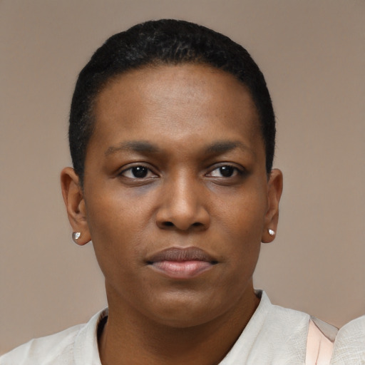 Neutral black young-adult female with short  black hair and brown eyes