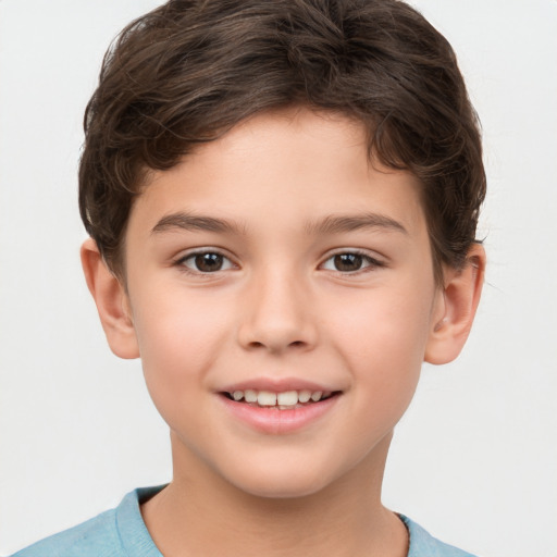 Joyful white child female with short  brown hair and brown eyes