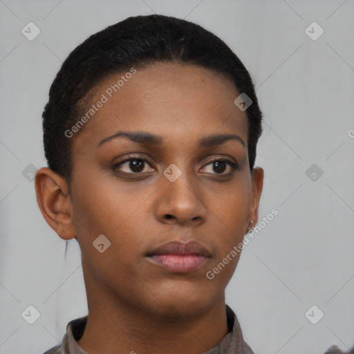 Neutral black young-adult female with short  black hair and brown eyes