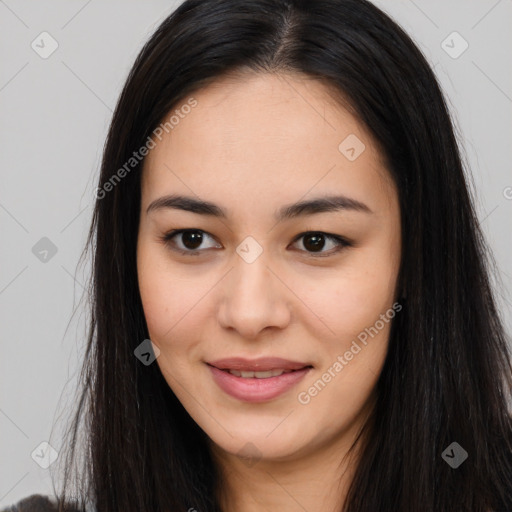 Joyful asian young-adult female with long  brown hair and brown eyes