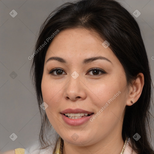 Joyful white young-adult female with medium  brown hair and brown eyes