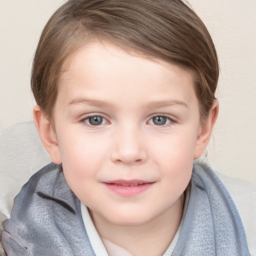 Joyful white child female with medium  brown hair and blue eyes