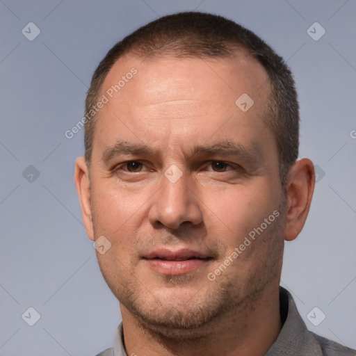 Neutral white adult male with short  brown hair and brown eyes